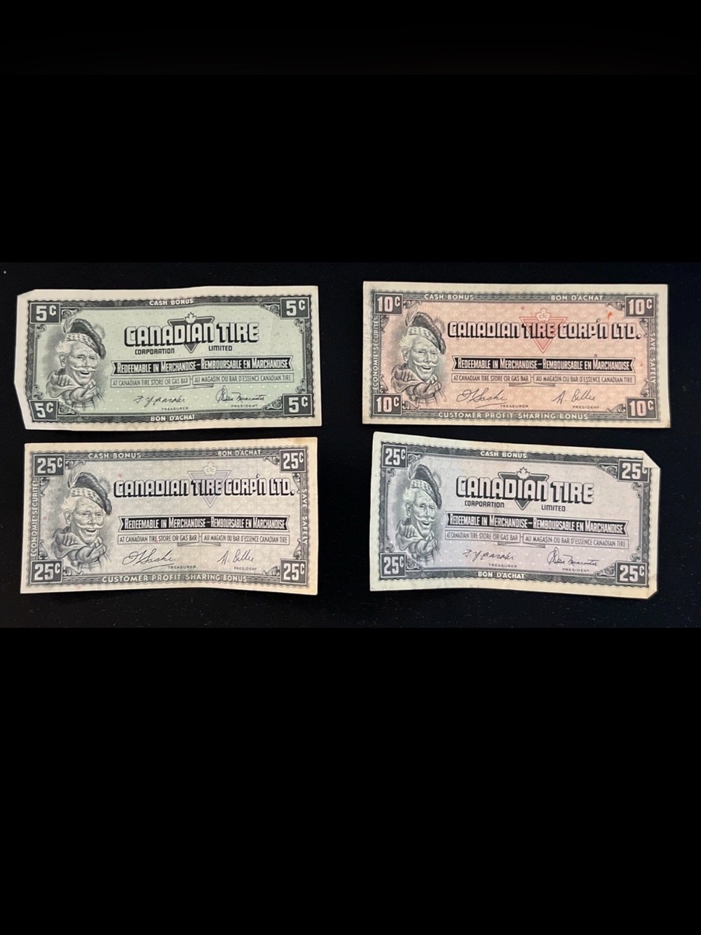 Vintage 1961 Canadian Tire Money Lot - 4 Serial Numbered Notes